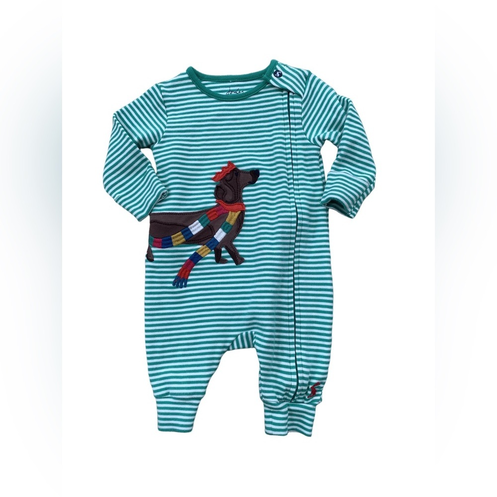 Joules Size Newborn Winfield Embroidered Dachshund Dog Stripe Sleeper Romper